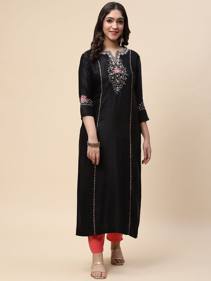 Neck Embroidered Satin Kurta
