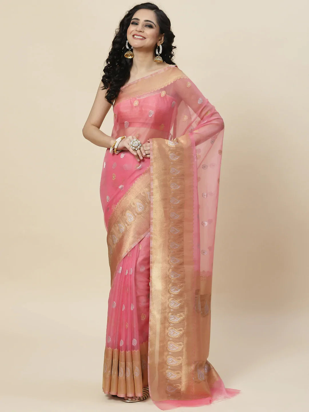 Zari Border Booti Organza Woven Saree