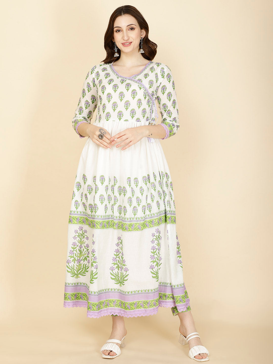 Floral Printed Cotton Kurta With Pants &amp; Dupatta