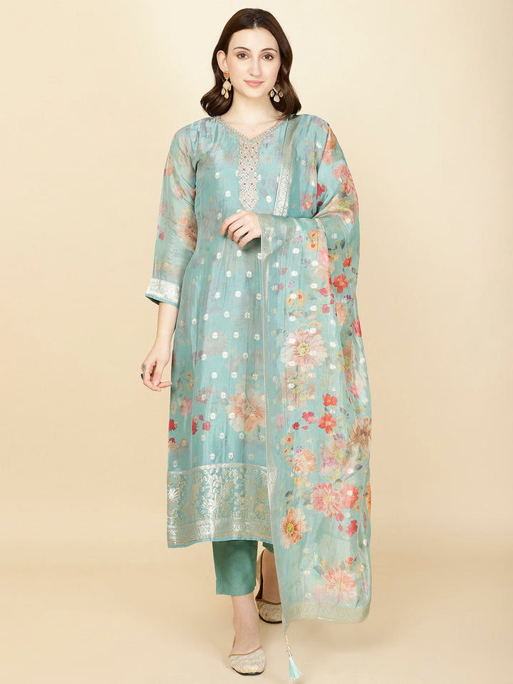 Floral Printed &amp; Woven Organza Kurta With Pants &amp; Dupatta