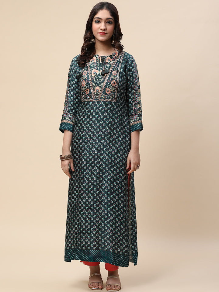 Zari Neck Embroidered &amp; Printed Satin Kurta