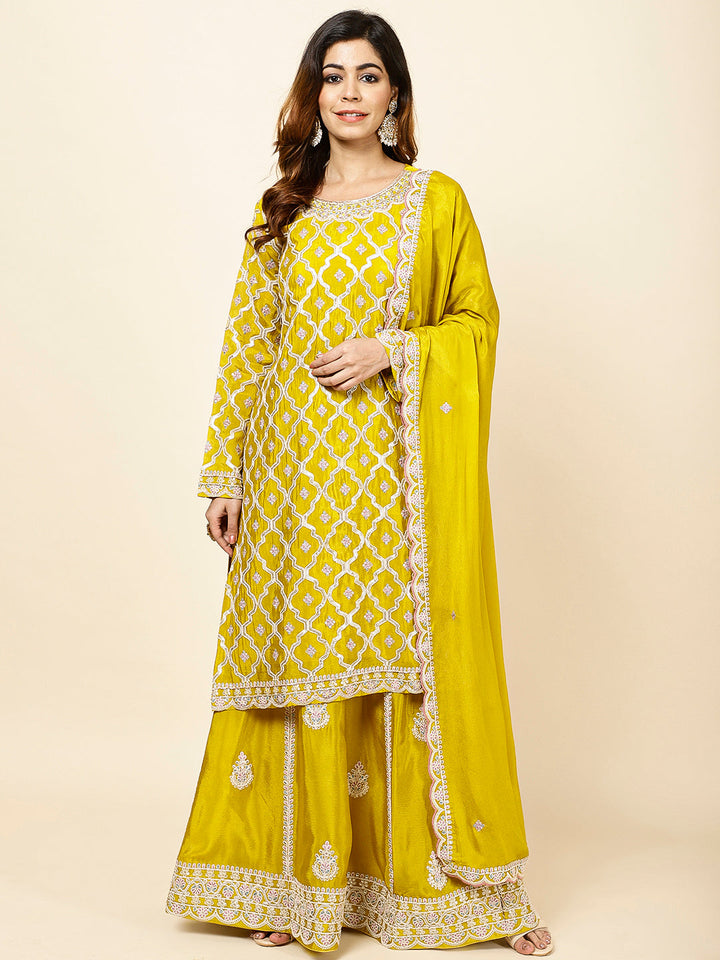 Embroidered Crepe Kurta With Lehenga &amp; Dupatta