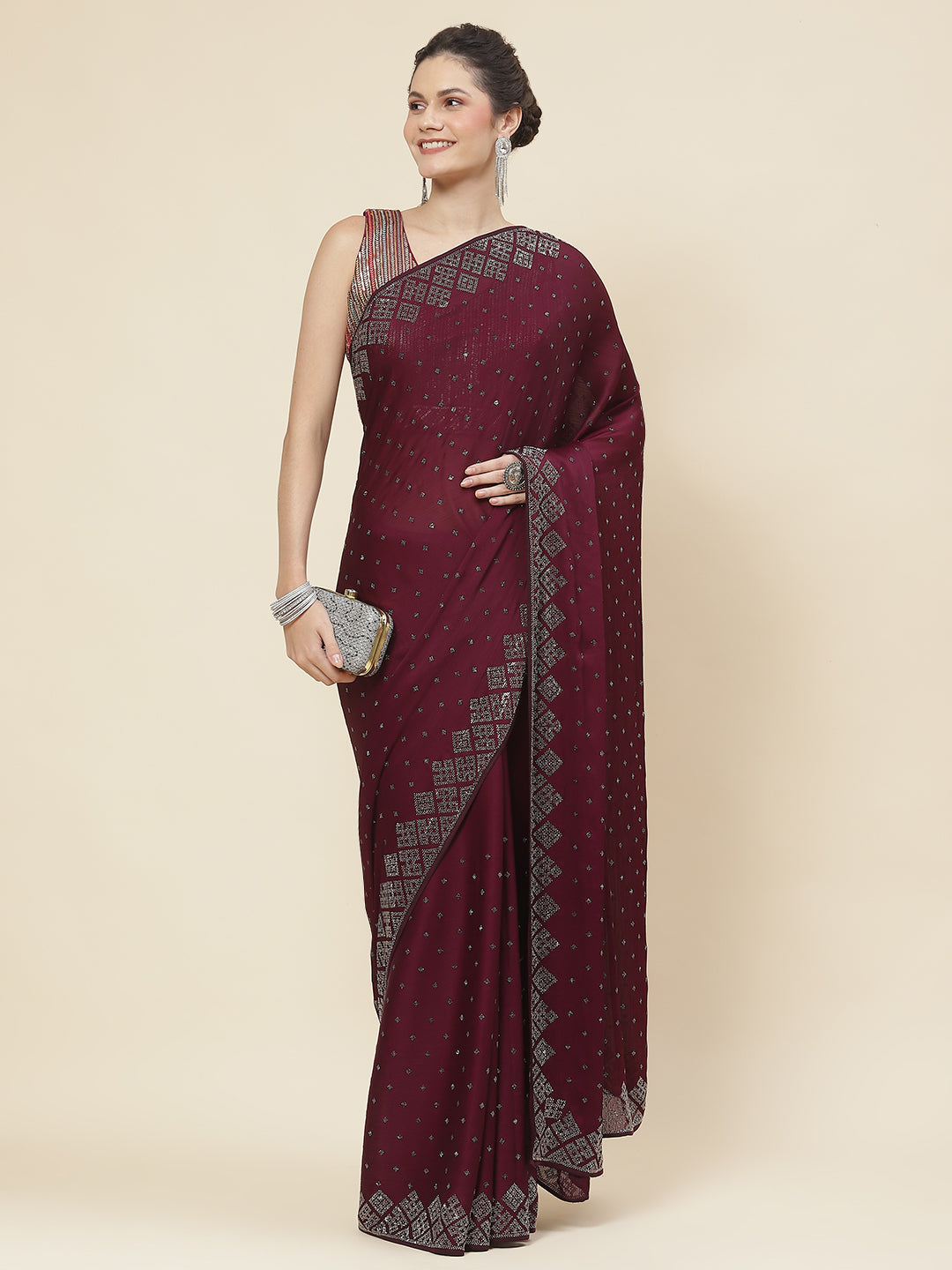 Stone Embroidered Chiffon Saree