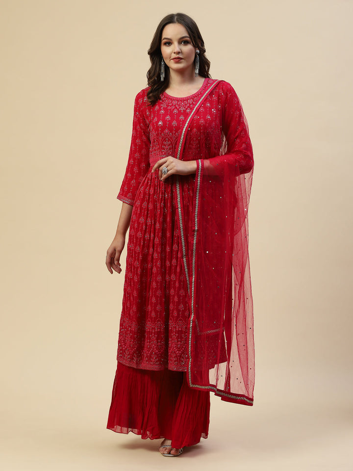 Embroidered Georgette Kurta With Palazzo &amp; Dupatta