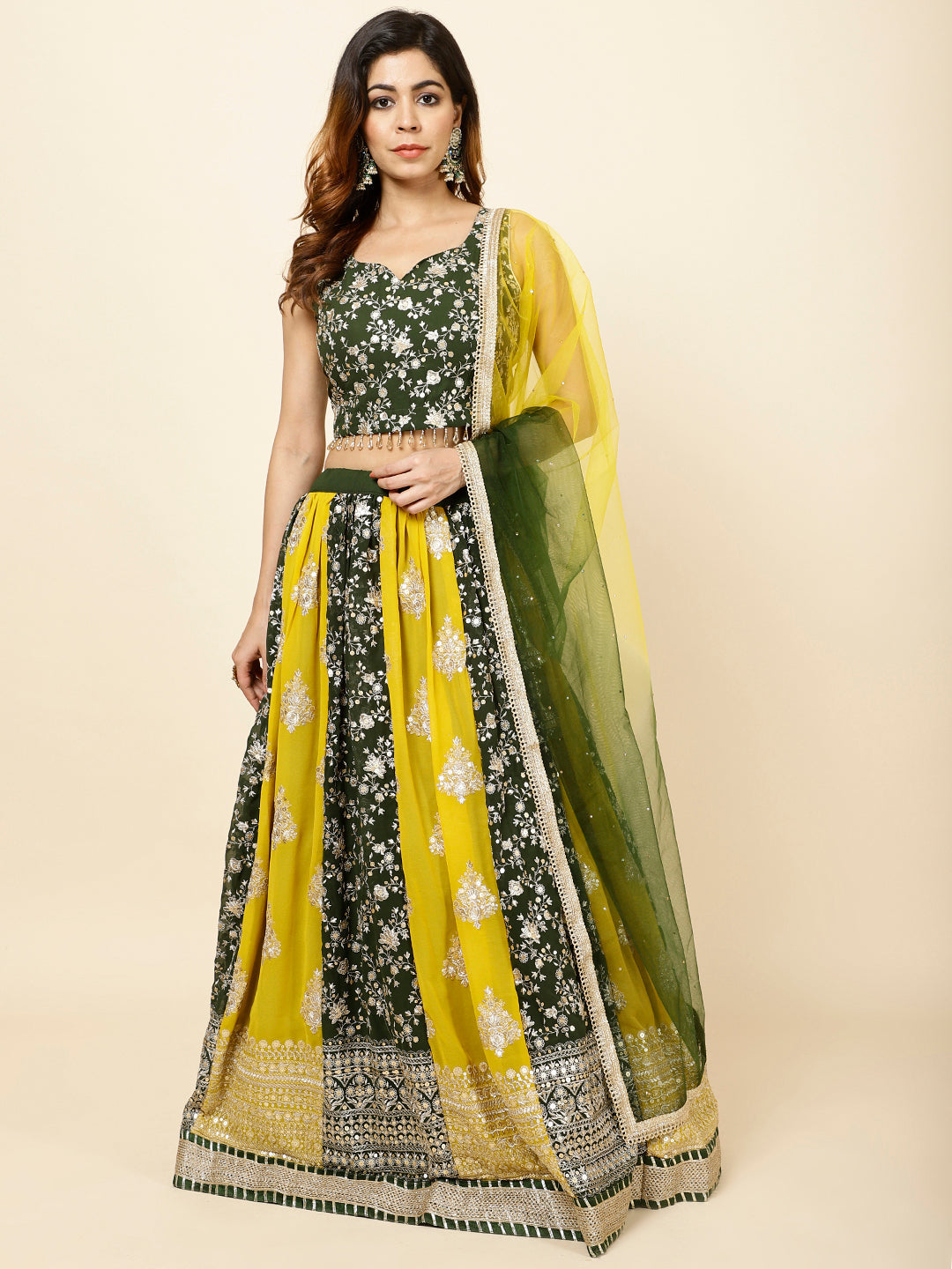 Zari Embroidered Georgette Choli With Lehenga &amp; Dupatta