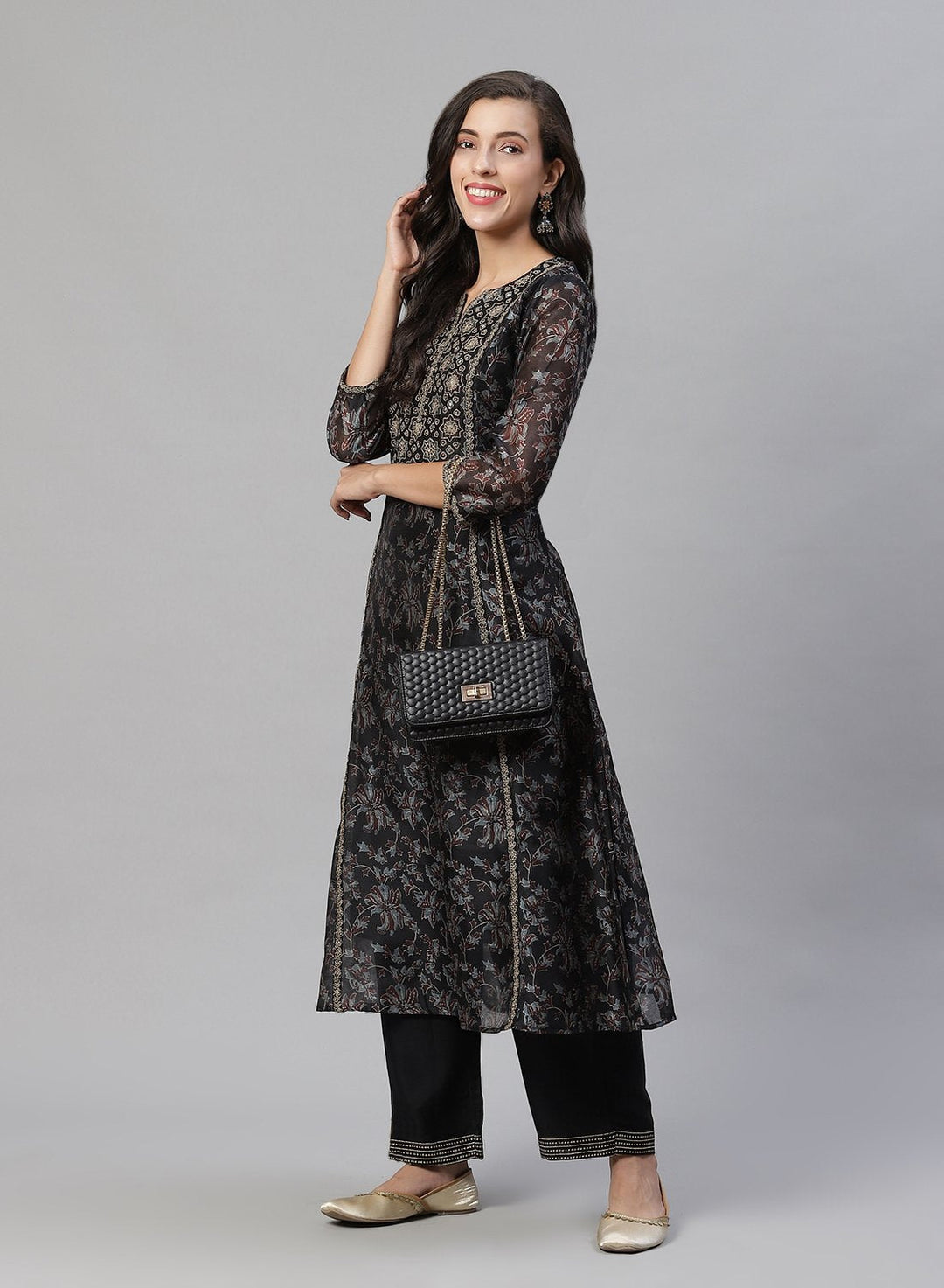 Printed Chanderi Anarkali Kurti With Pant