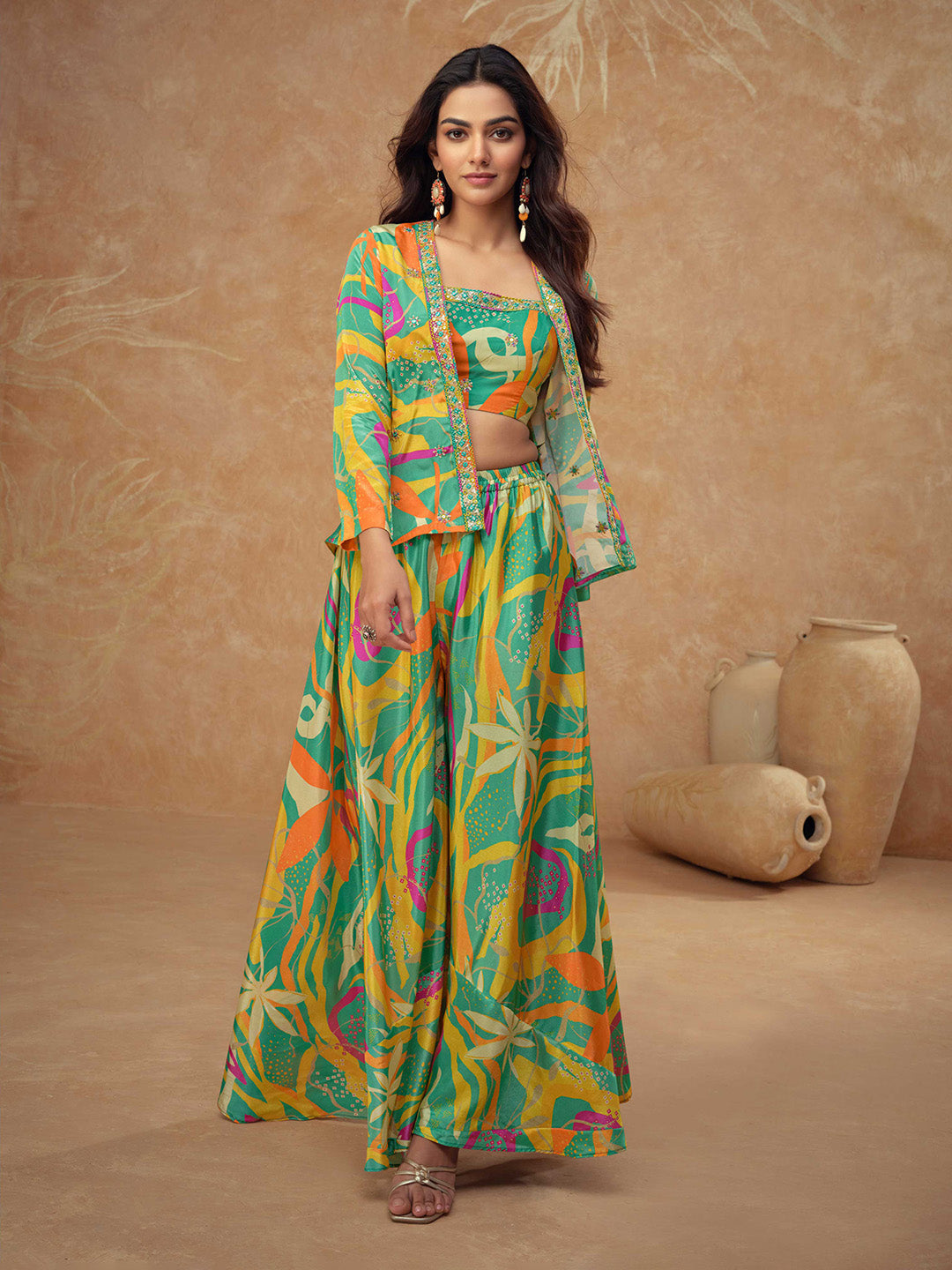 Embroidered Chinon Silk Choli &amp; Skirt With Jacket