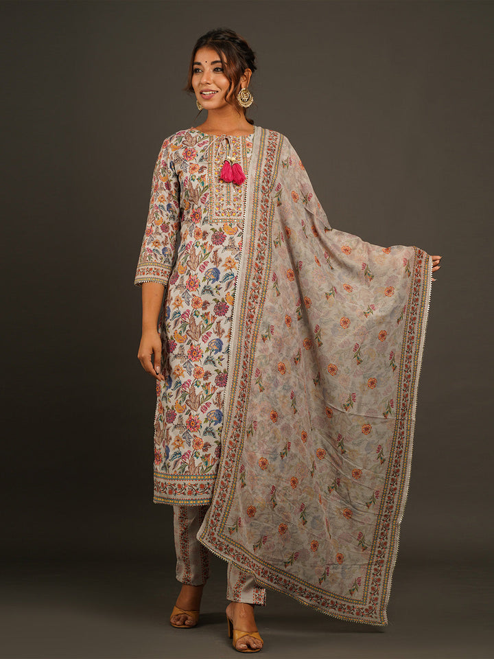 Floral Printed Muslin Kurta With Pants &amp; Dupatta