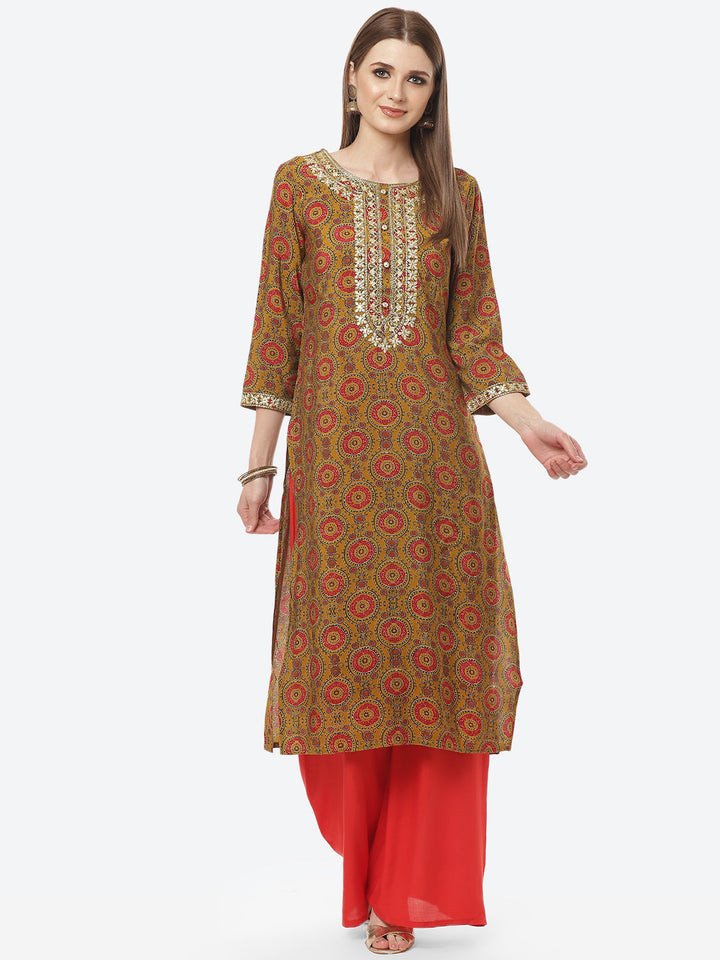 Printed Neck Embroidered Cotton Kurti