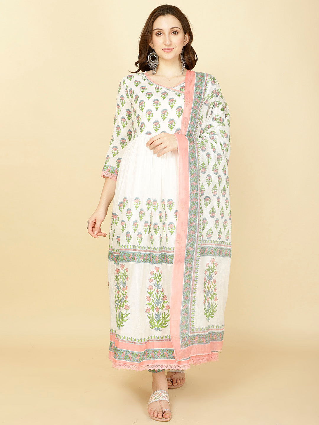 Floral Printed Cotton Kurta With Pants &amp; Dupatta