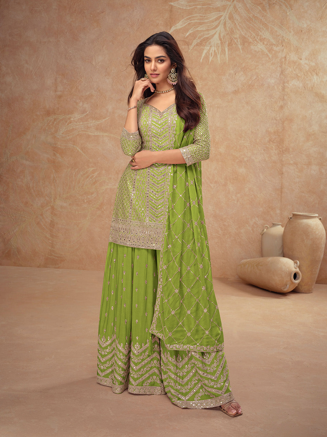 Embroidered Chinon Kurta With Plazzo &amp; Dupatta