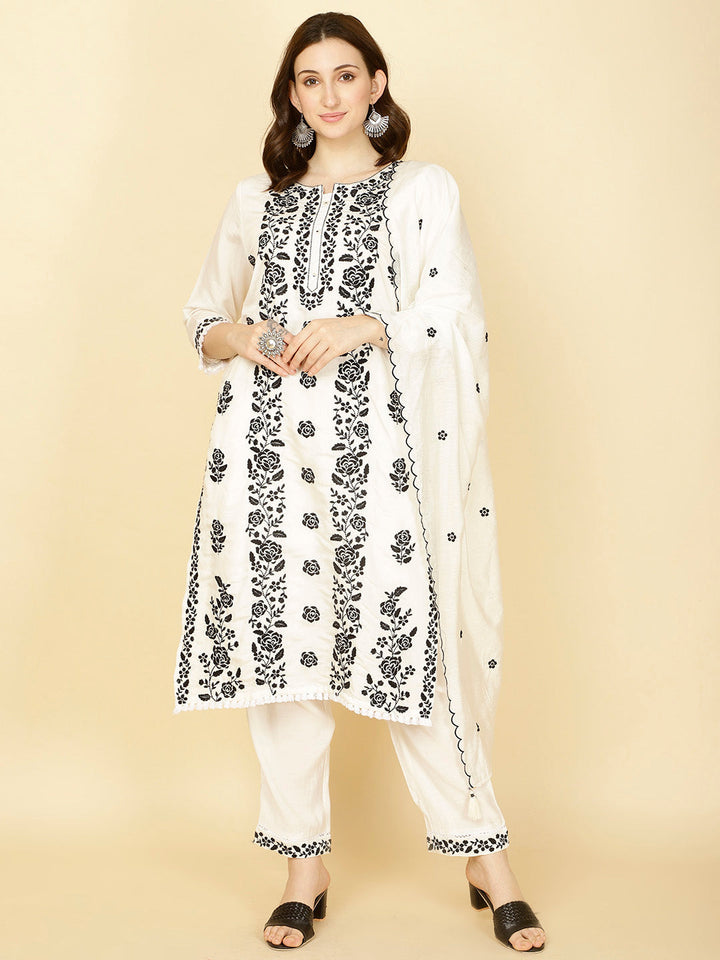 Resham Embroidery Cotton Kurta With Pants &amp; Dupatta