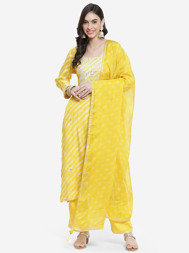 Leheriya Printed Gota Work Cotton Stitched Salwar Kameez With Printed Organza Dupatta