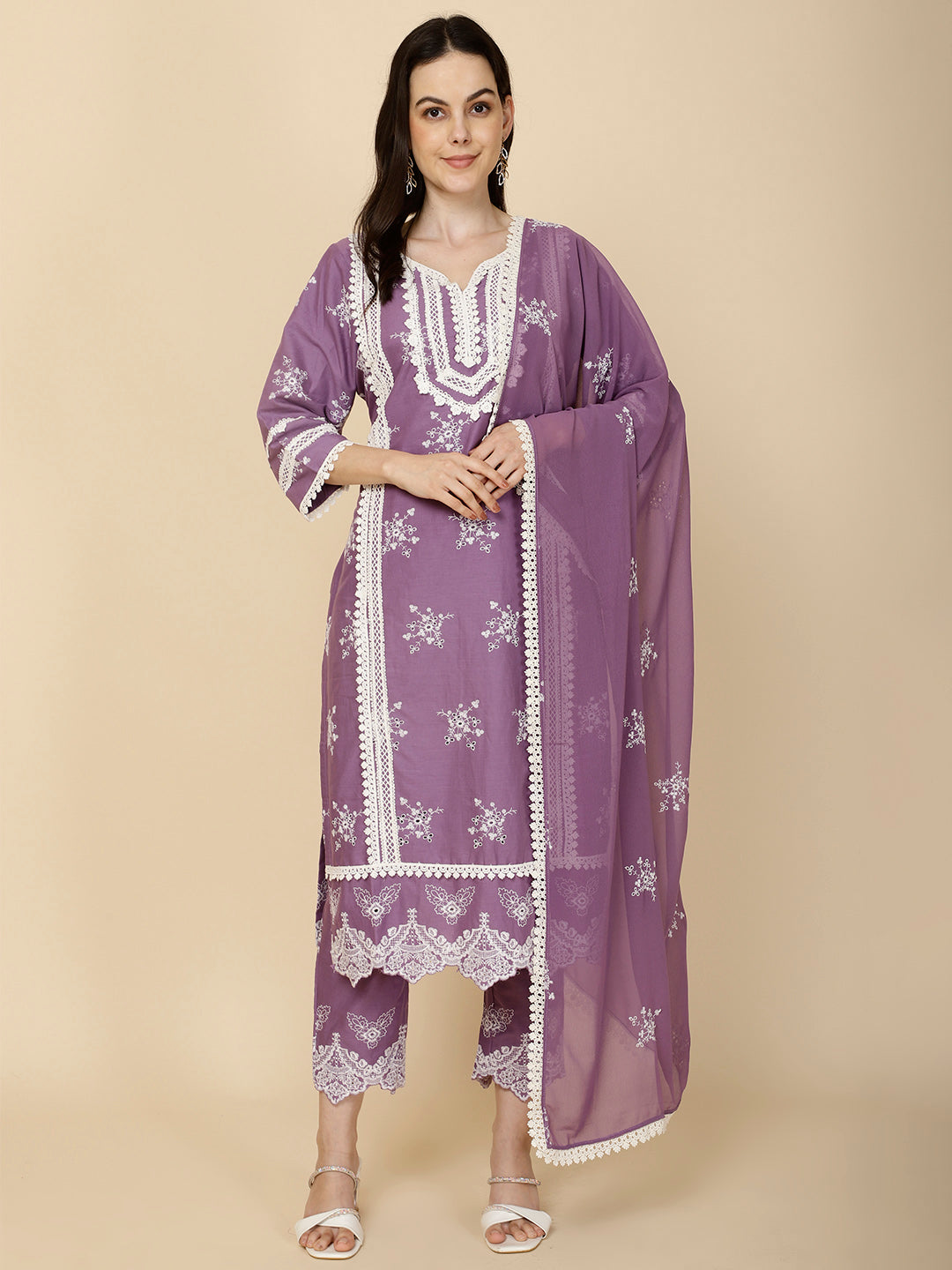 Embroidered Cotton Suit Set With Dupatta