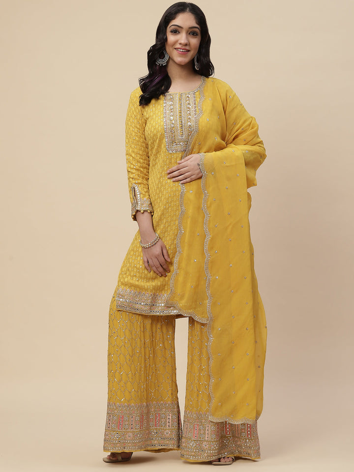 Sequin Embroidered Georgette Kurta With Sharara &amp; Dupatta