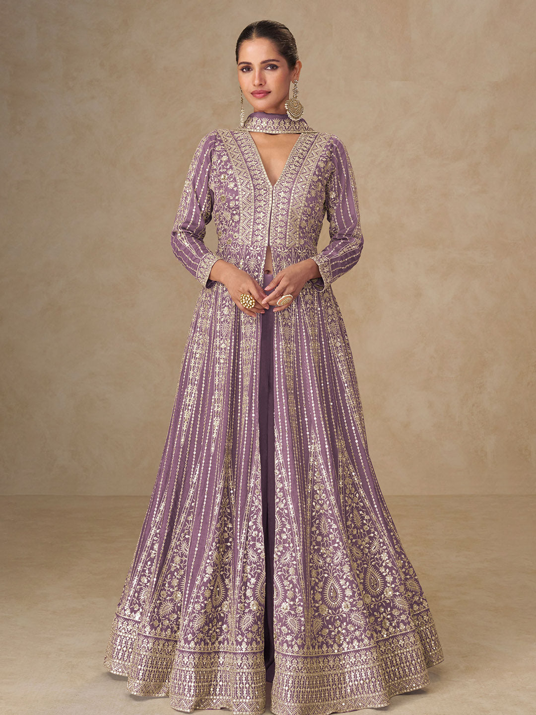 Embroidered Chinnon Silk A Line Dress With Skirt