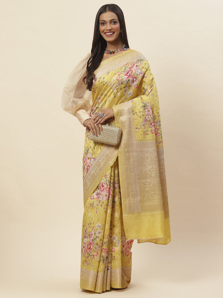 Digitally Floral Printed Tussar Saree