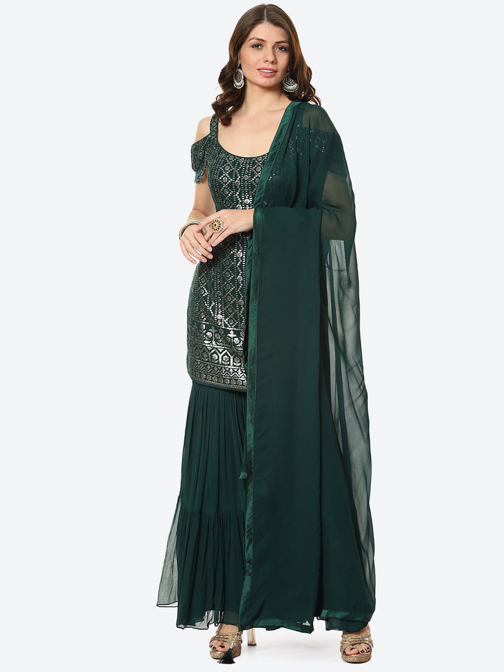 Sequin Georgette Kurti With Palazzo &amp; Georgette Dupatta