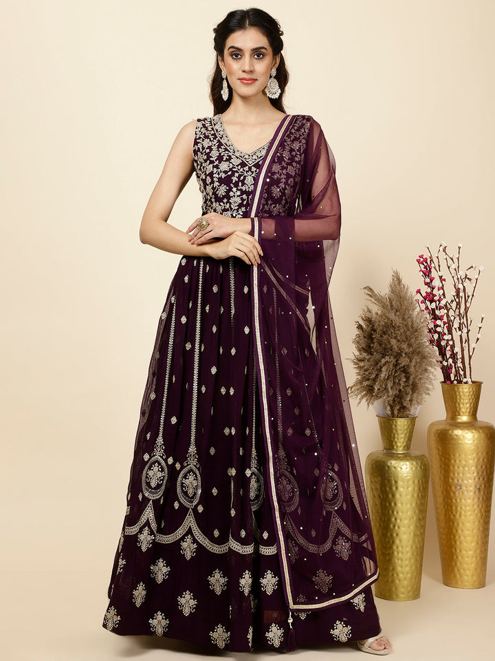 Zari Booti Embroidered Georgette Kurta With Churidar &amp; Dupatta