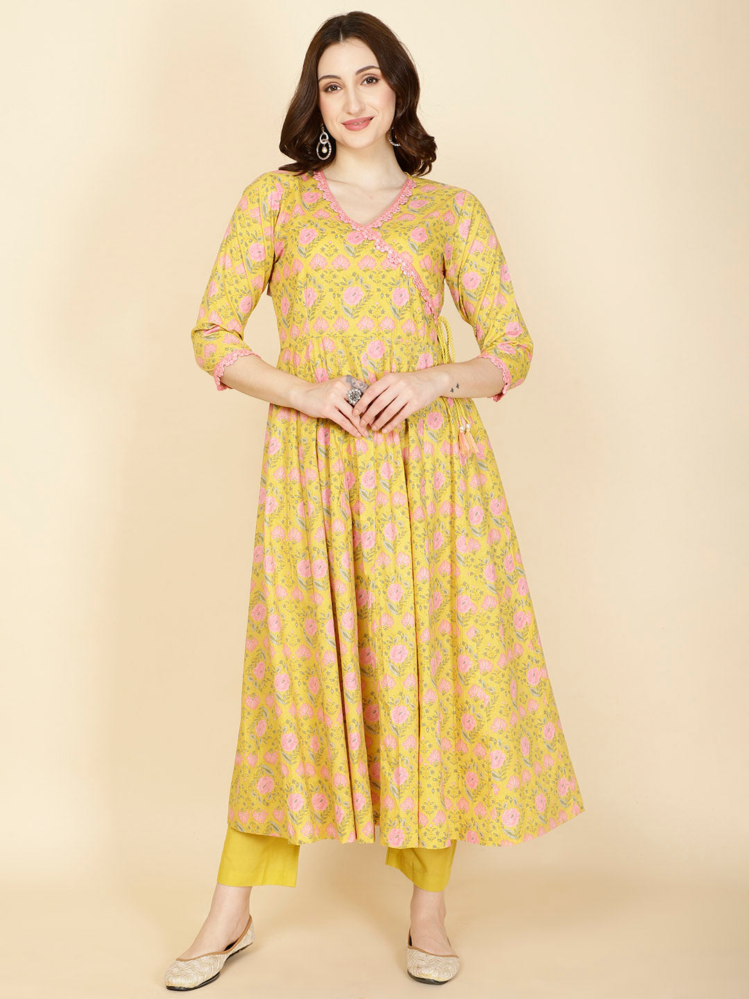 Floral Printed Cotton Anarkali Kurta With Pants