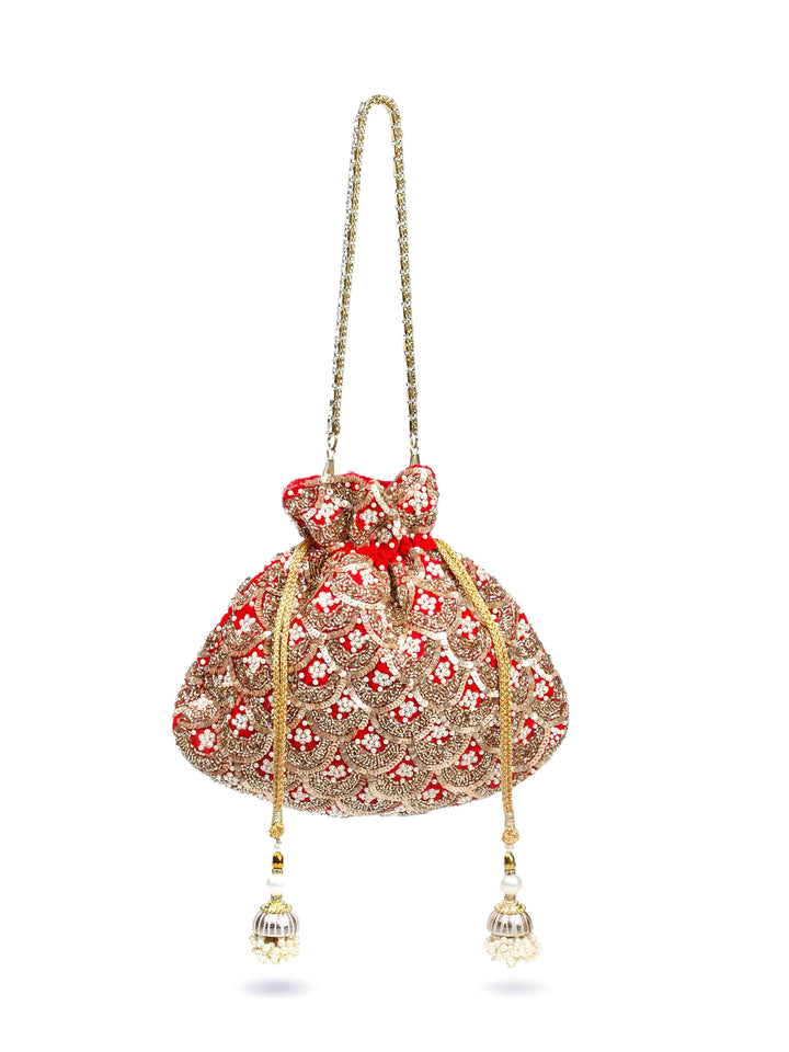 Golden Sequin &amp; Pearl Embroidered Potli Bag