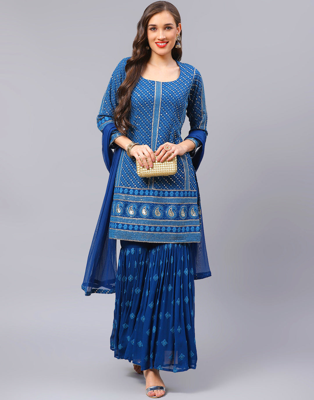 Sequin Georgette Kurti With Sharara &amp; Net Dupatta