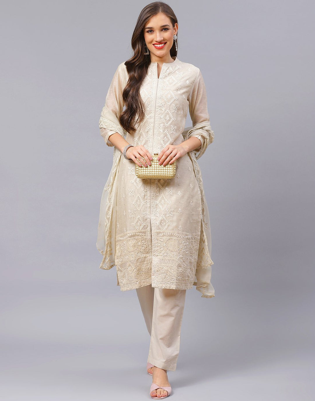 Beige Straight Chanderi Salwar Kameez Stitched Suit