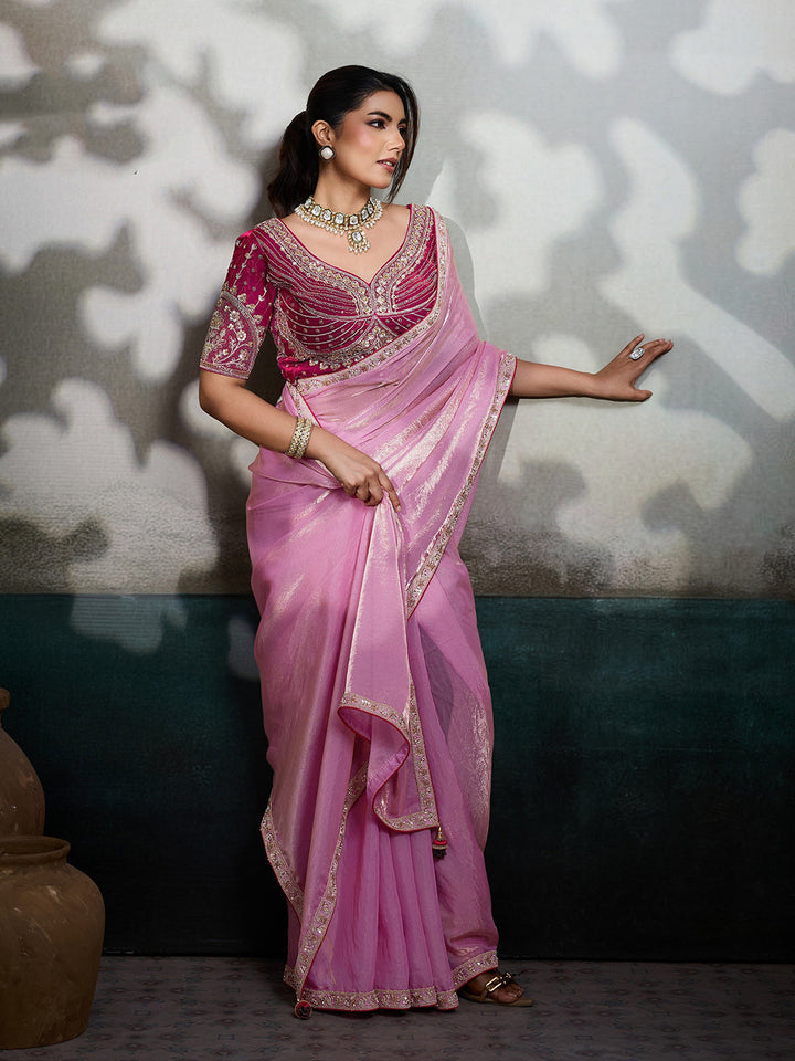 Embroidered Satin Saree With Readymade Blouse