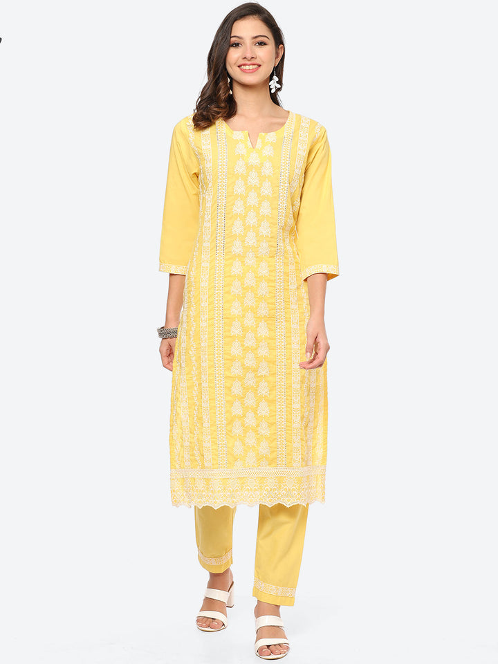 Thread Embroidered Cotton Kurta With Pant