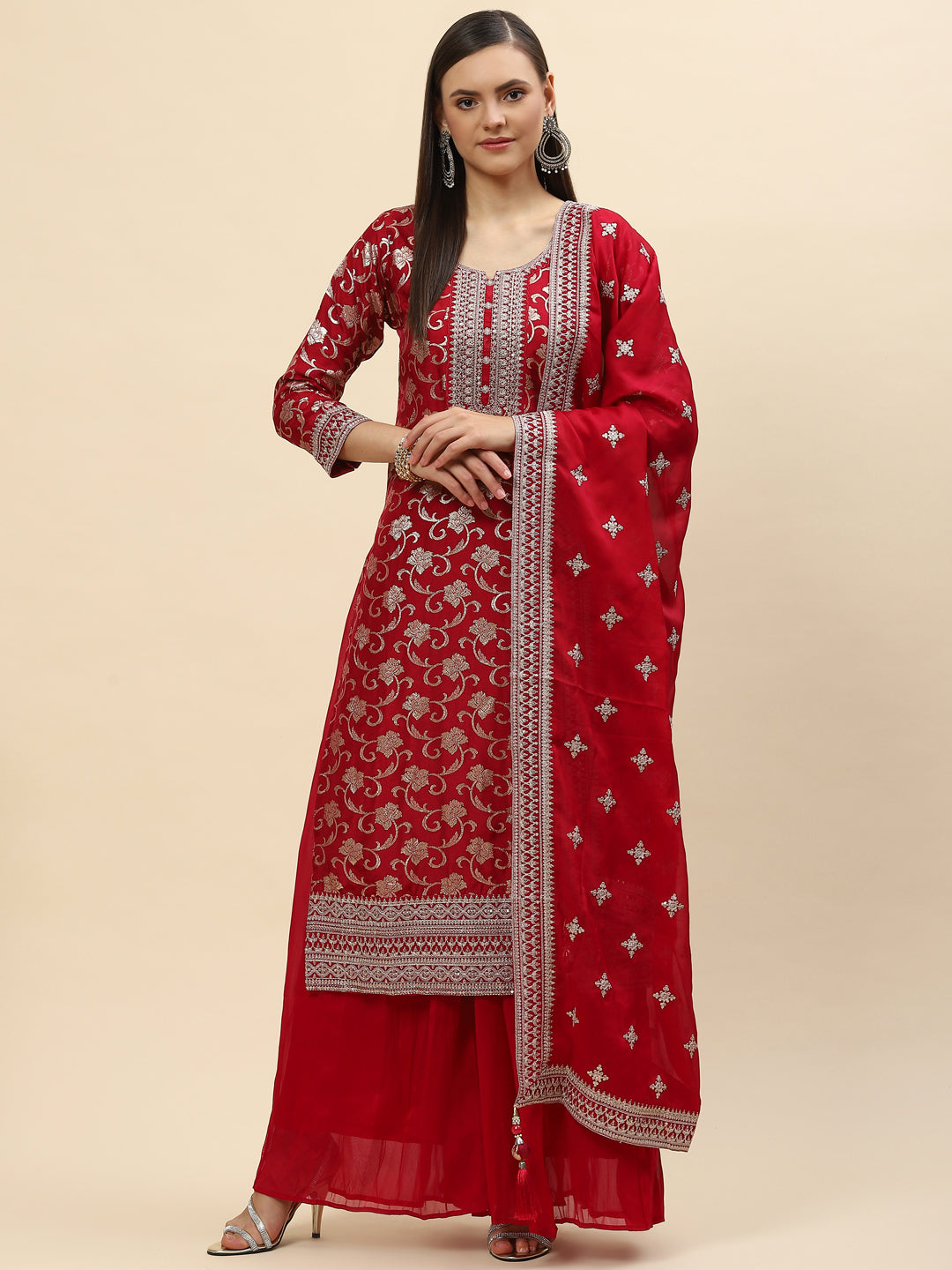 Zari Jaal Handloom Kurta With Palazzo &amp; Dupatta