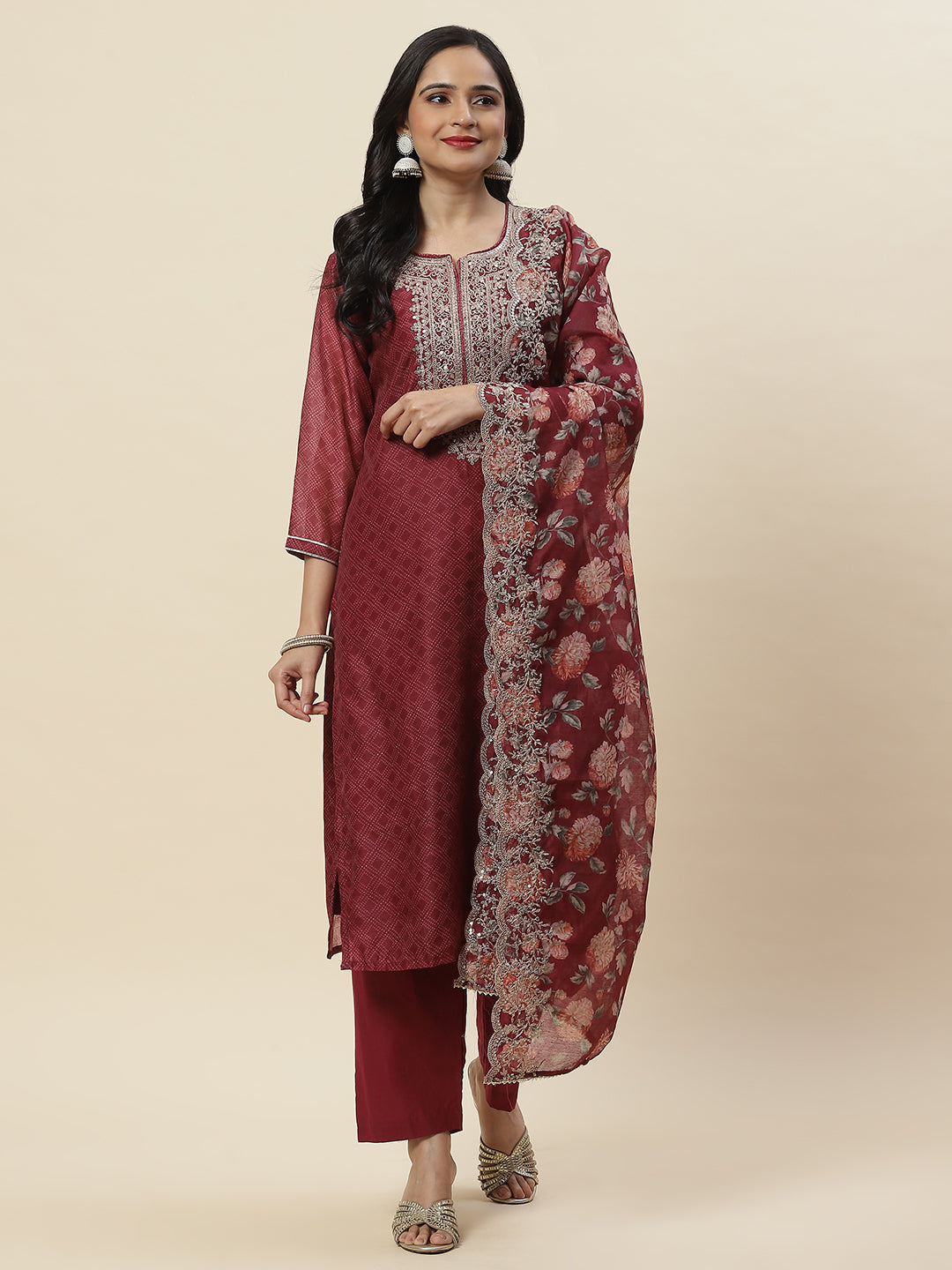 Printed &amp; Neck Embroidered Chanderi Kurta With Pants &amp; Dupatta