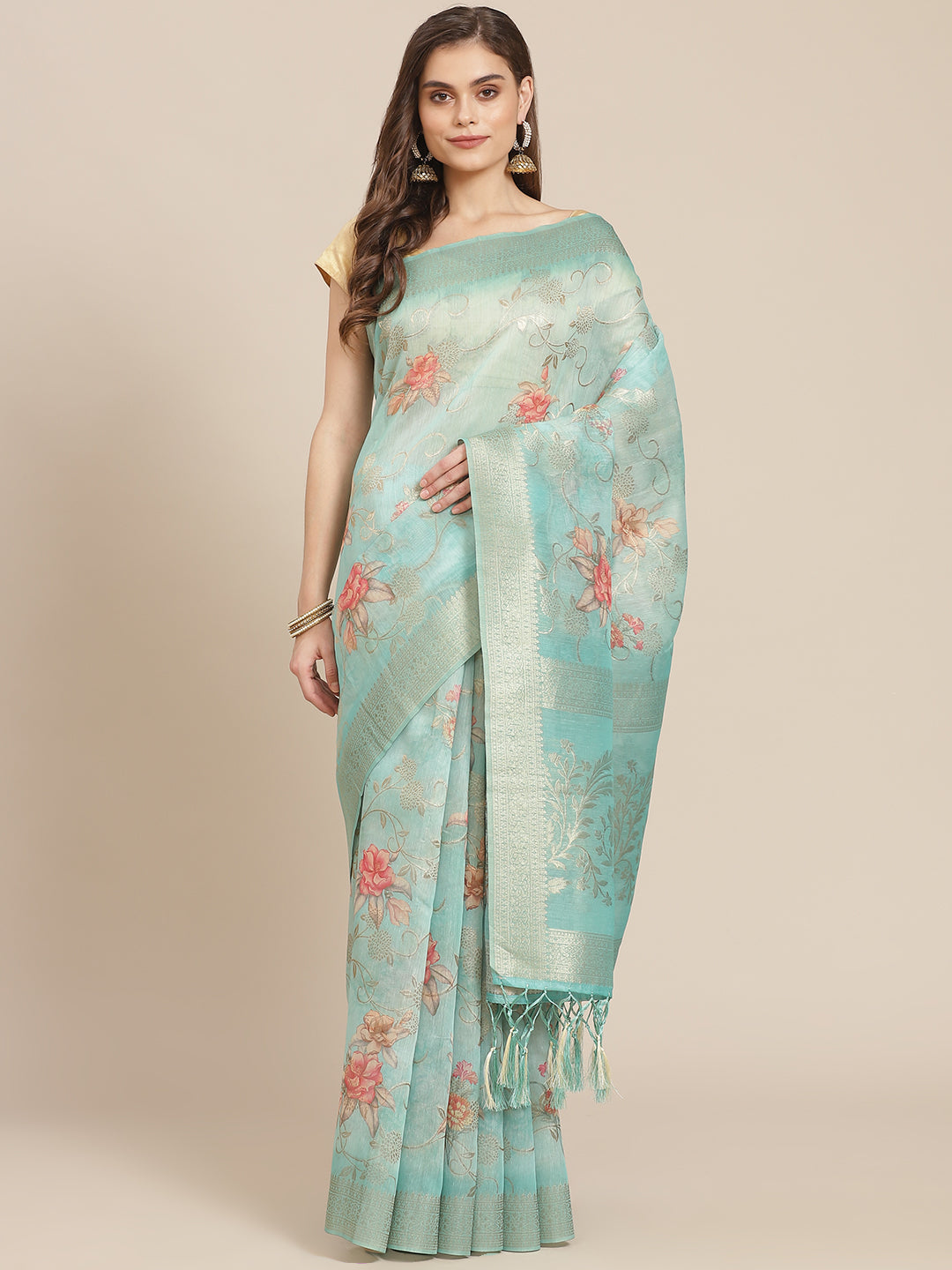 Digital Floral Printed Banarasi Pallu Cotton Chanderi Saree