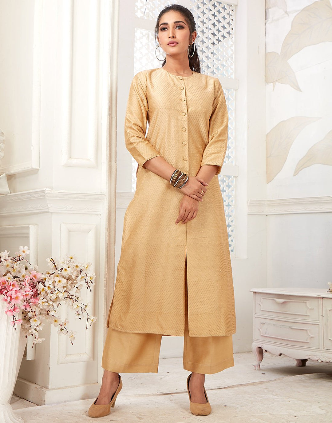 Chanderi Pintuck Detail Kurti with Palazzo