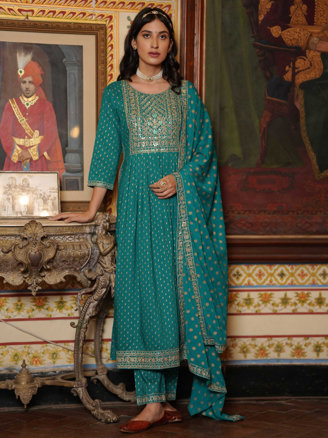 Neck Embroidered Cotton Kurta With Palazzo &amp; Dupatta
