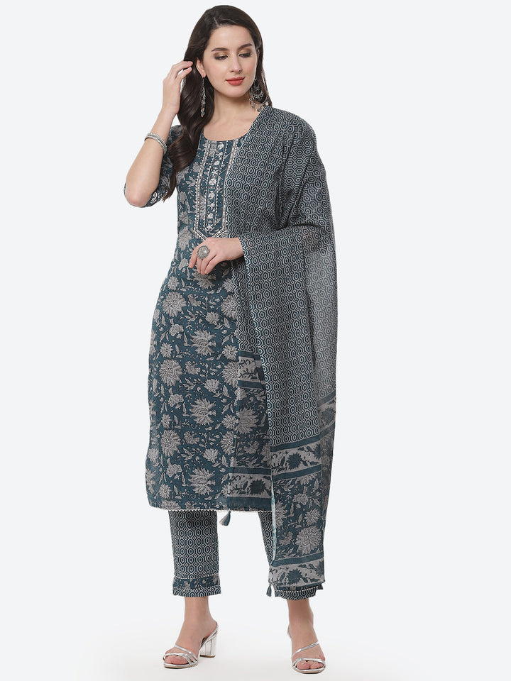 Floral Printed Cotton Stitched Salwar Kameez With Printed Dupatta