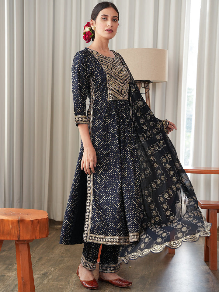 Bandhani Embroidered Rayon Kurta With Pants &amp; Dupatta