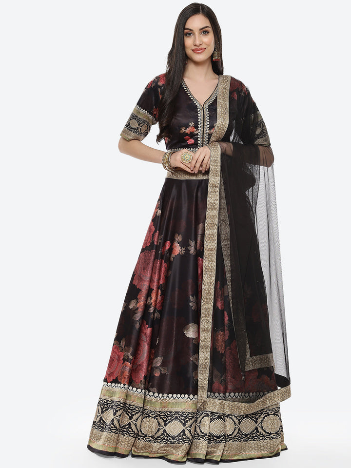 Floral Printed Satin Choli With Lehenga &amp; Net Dupatta