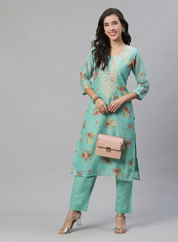 Printed Chanderi Kurti With Pant