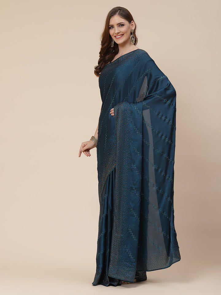 Stone Work Handloom Pure Satin Embroidered Saree