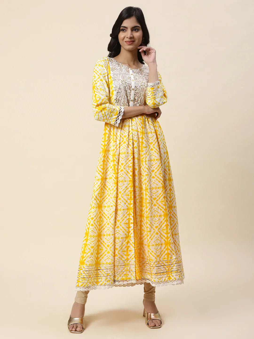 Printed &amp; Yoke Embroidered Cotton Anarkali Kurta
