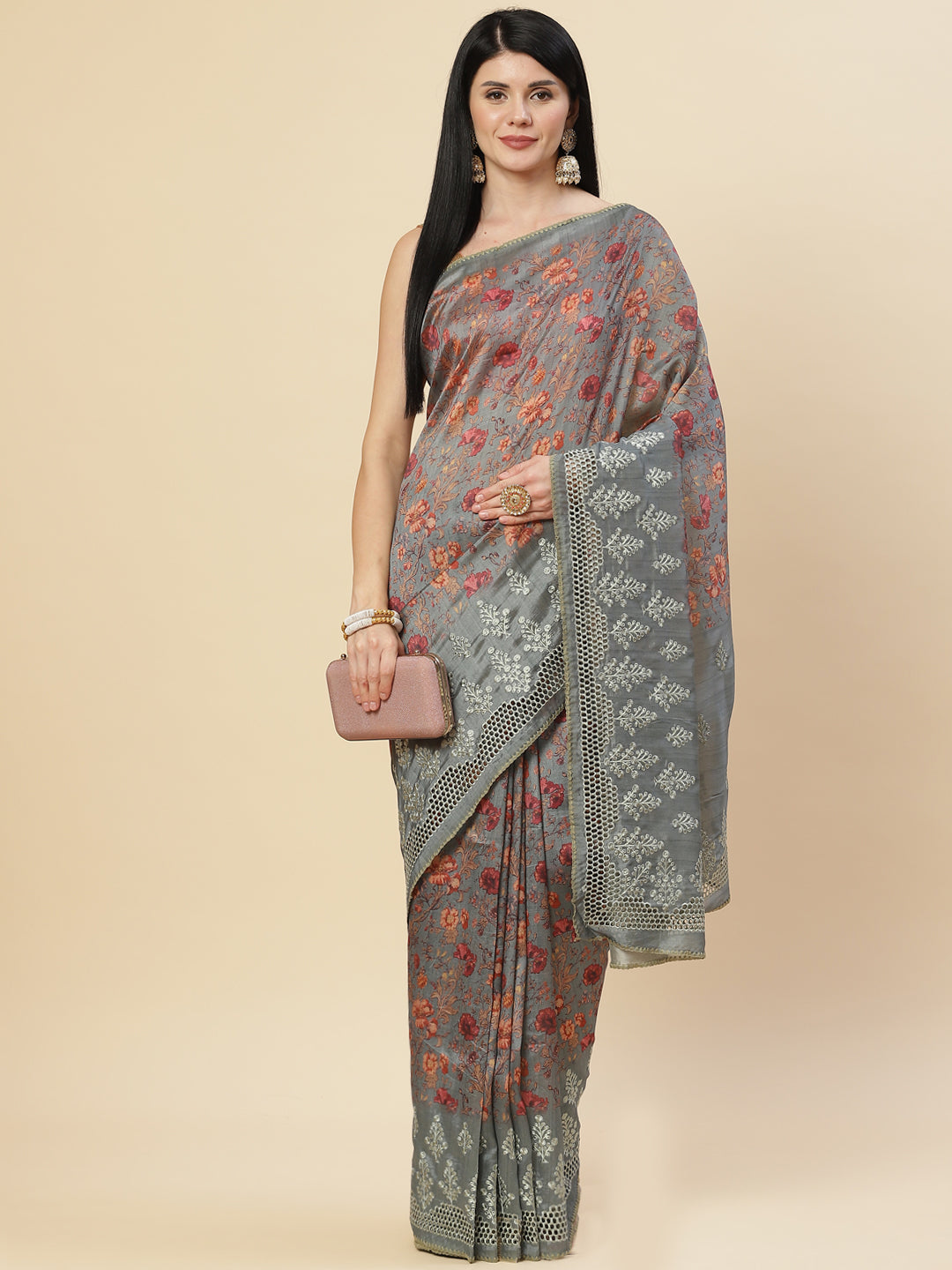 Floral Printed &amp; Embroidered Handloom Saree