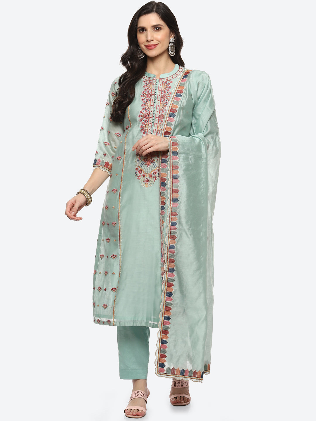 Resham Neck Booti Cotton kurta With Pant &amp; Dupatta
