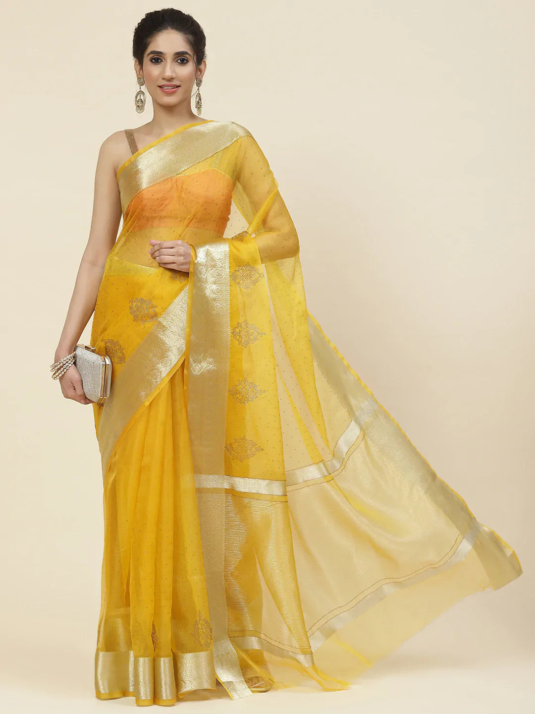 Stone Work Organza Plain Saree