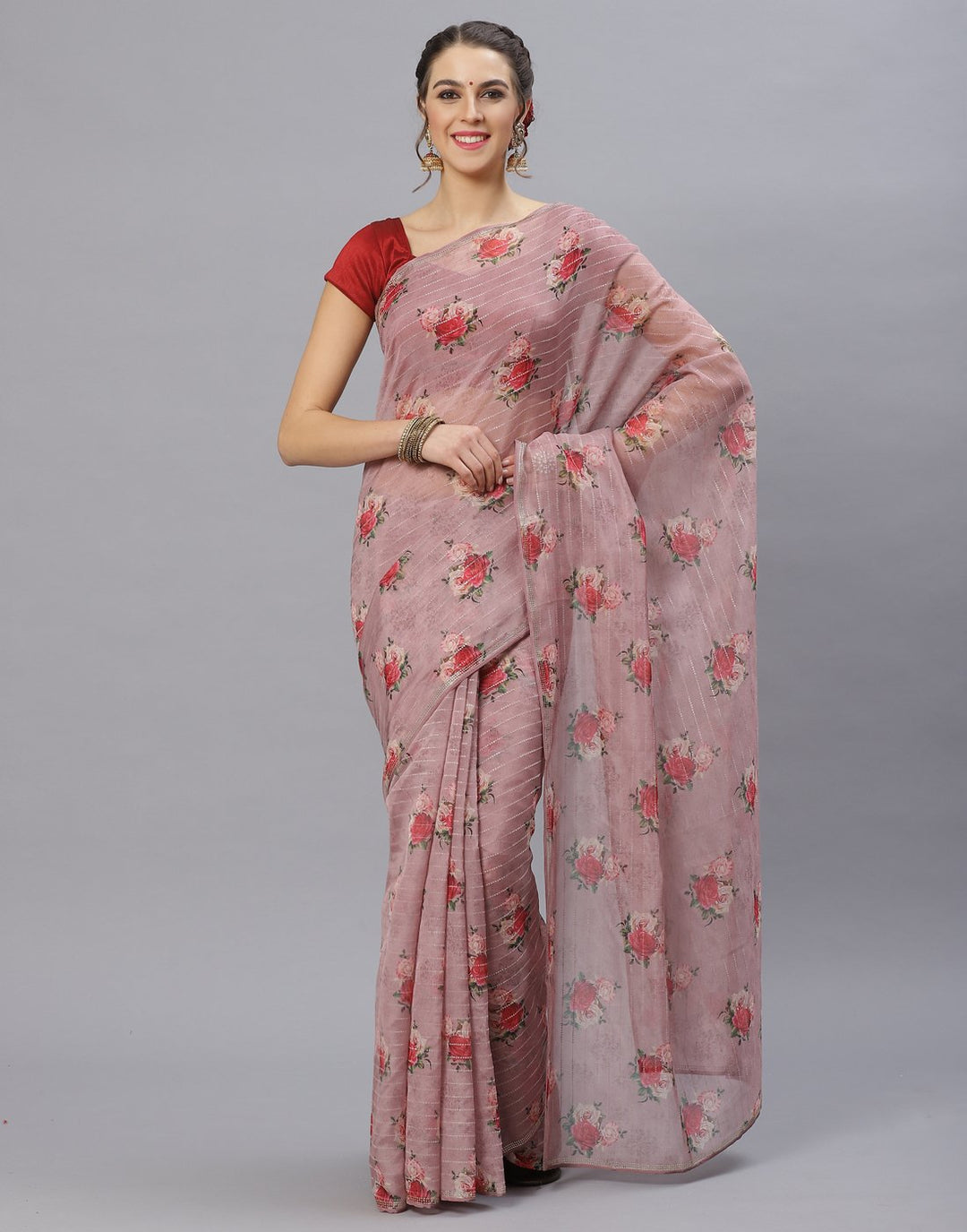 Onion Pink Floral Print Kora Saree