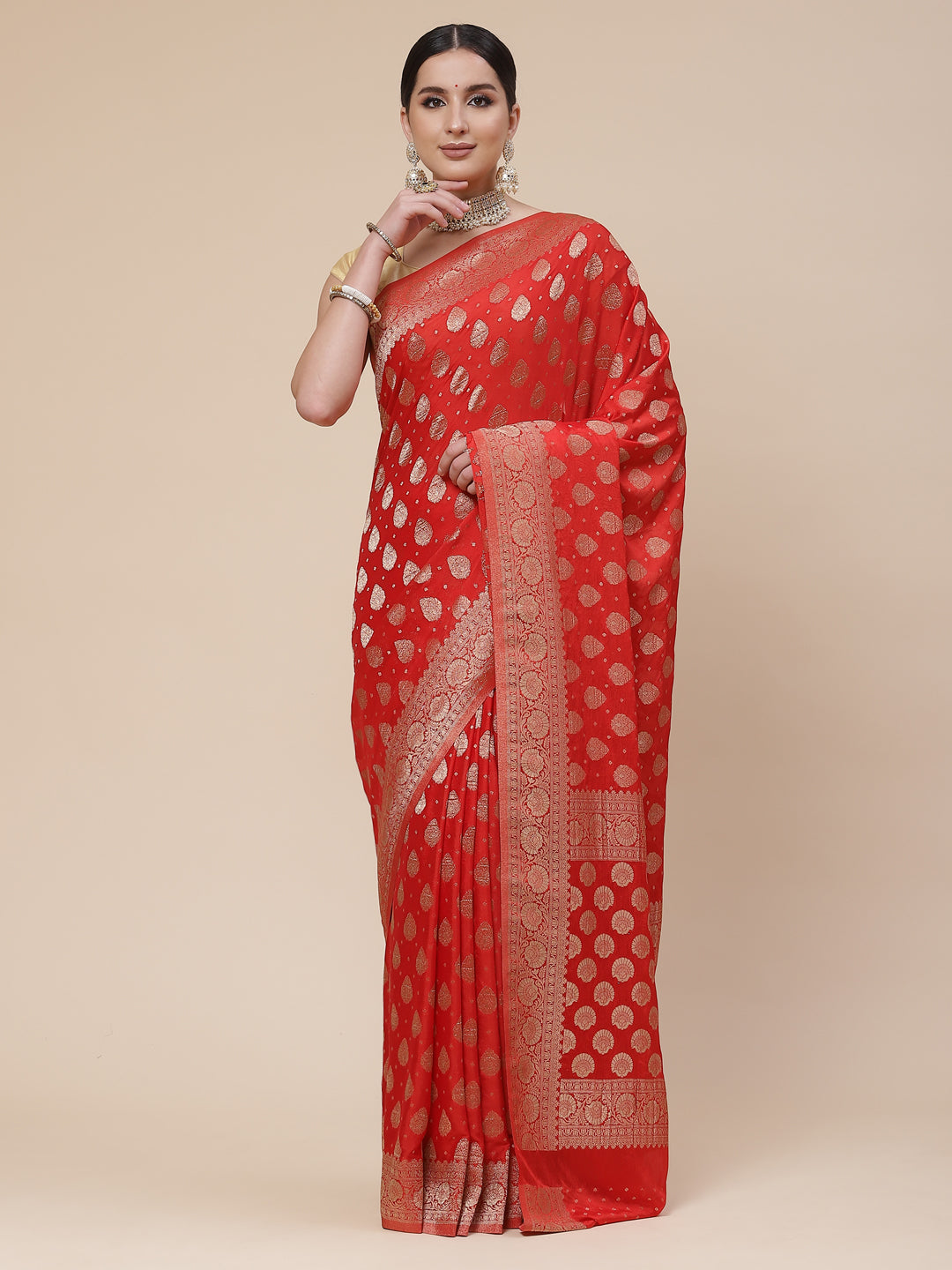Zari Booti Crepe Plain Saree