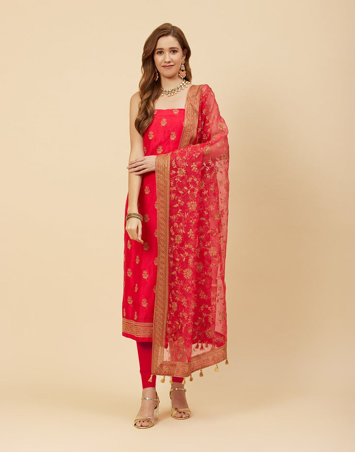 Embroidered Art Handloom Dupion Suit Piece With Organza Dupatta