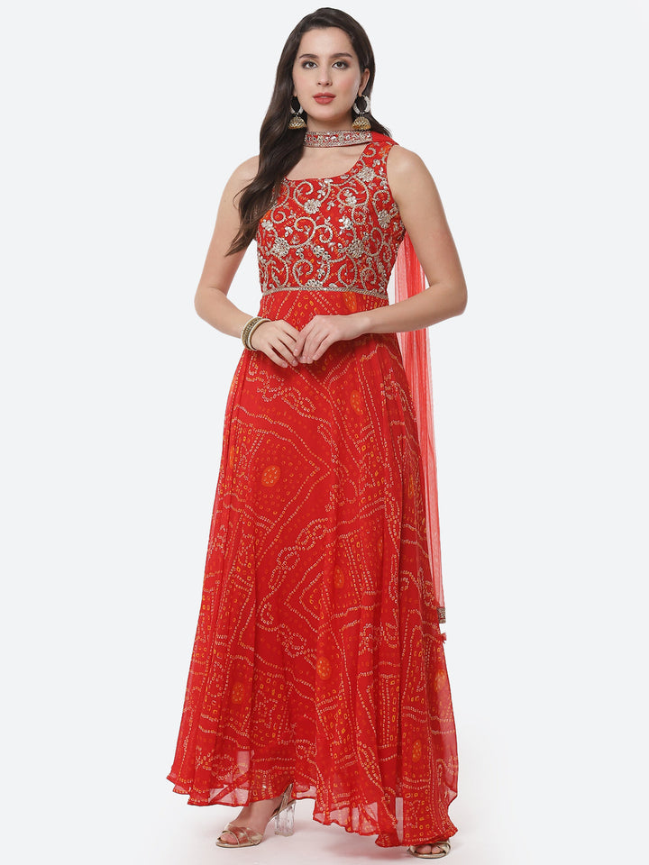 Bandhej Printed Georgette Stitched Anarkali Salwar Kameez With Net Dupatta