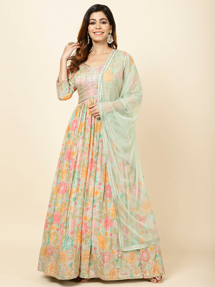 Printed Georgette Anarkali Kurta With Churidar &amp; Dupatta