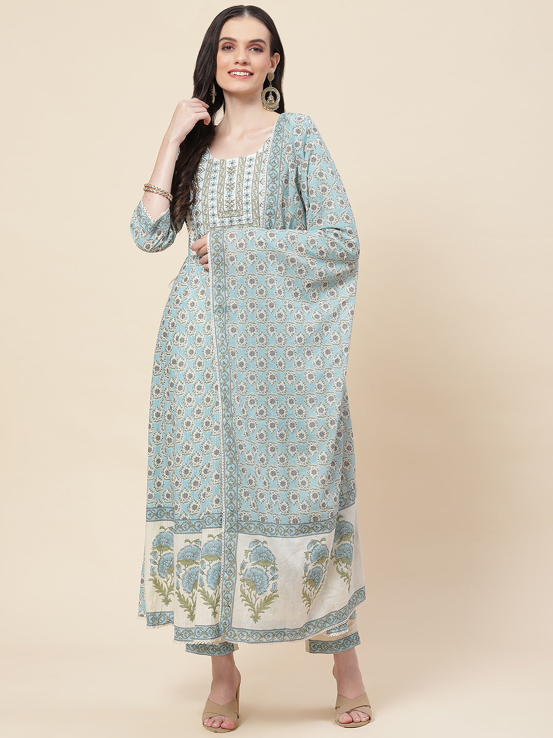 Floral Printed Cotton Kurta With Pants &amp; Dupatta