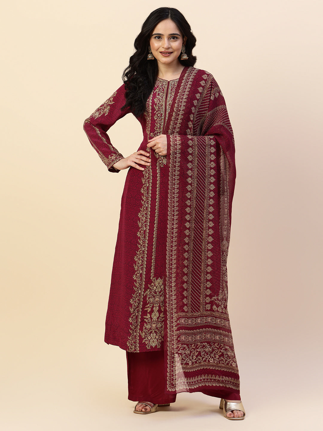 Digital Printed Crepe Kurta With Palazzo &amp; Dupatta